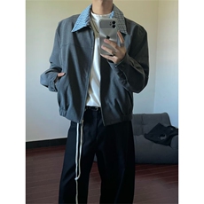 假两件格子翻领外套男秋冬季美式高街宽松潮流廓形休闲衬衣服外套，男装夹克，星座410-7