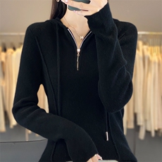 秋冬新款时尚百搭修身显瘦羊毛针织衫女长袖连帽外套，女装羊毛衫，绒迪羊绒