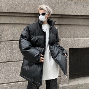 潮牌立领pu皮棉衣男秋冬季美式保暖宽松棉服高街百搭休闲情侣外套图片