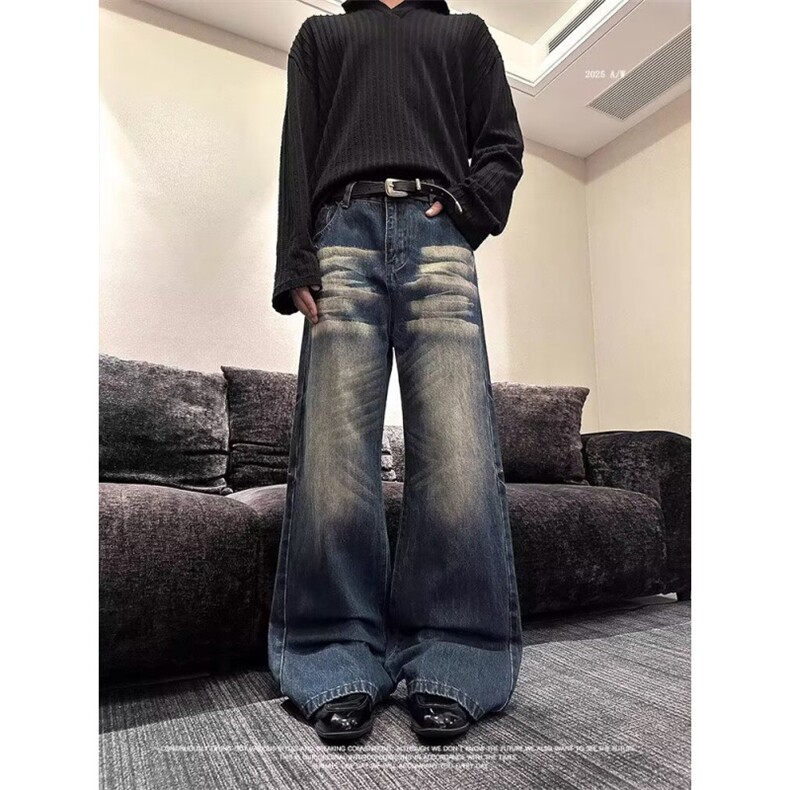 1506-1/KZ1201/P50复古高腰微喇牛仔裤宽松显瘦阔腿拖地裤男女款图片