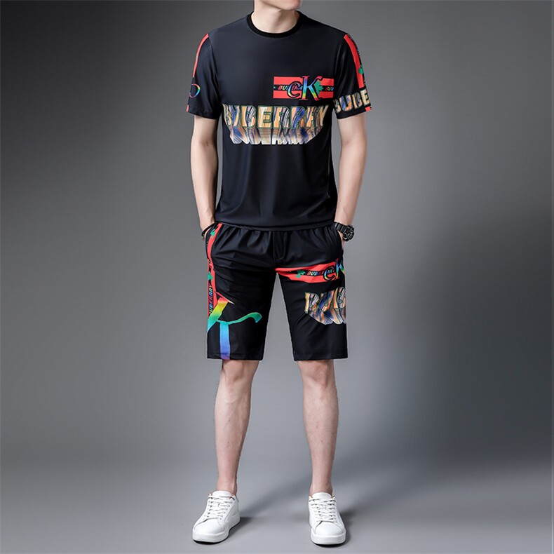 夏季男式短袖短裤透气两件套运动休闲圆领修身t恤套装，男装休闲套装，电商B360