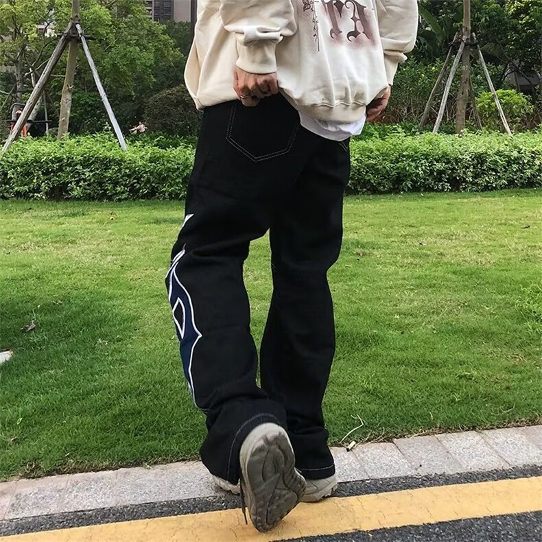 新品嘻哈日系高街休闲牛仔裤宽松阔腿直筒裤男贴布刺绣NC14P62,男装牛仔裤,星座1116-2