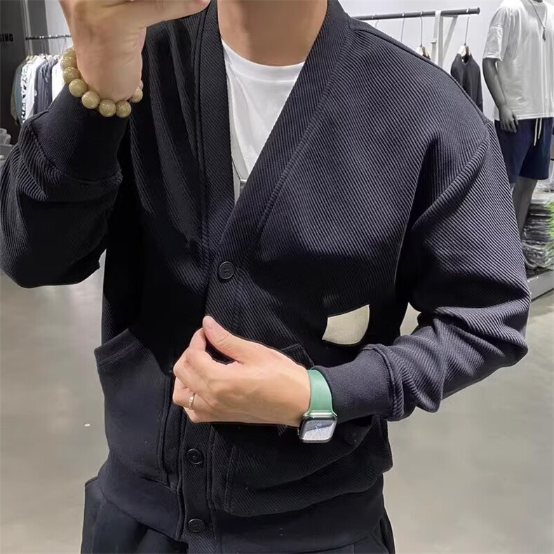 欧货短款工装夹克男大v领设计感单排扣长袖卫衣开衫法式通勤外套,男装夹克,星座506A