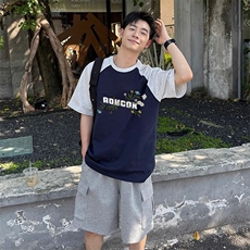抖音得物高品质二开240克宽松纯棉美式潮牌插肩袖拼接短袖T恤，男装T恤，电商A486-1