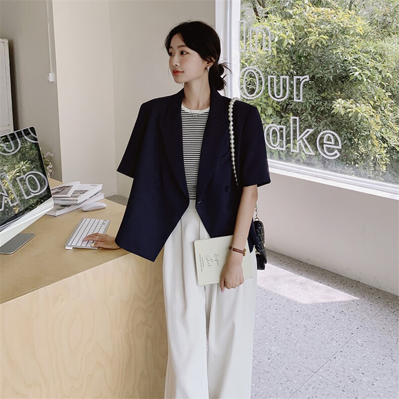 藏青色小众短袖西装淡人套装2025夏季新款气质阔腿裤小个子两件套,女装套装/套裙,2C232