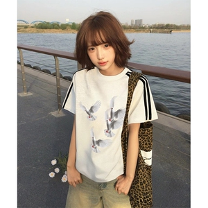 抖音得物高品质二开240克宽松纯棉美式潮牌三条杠织带短袖T恤图片