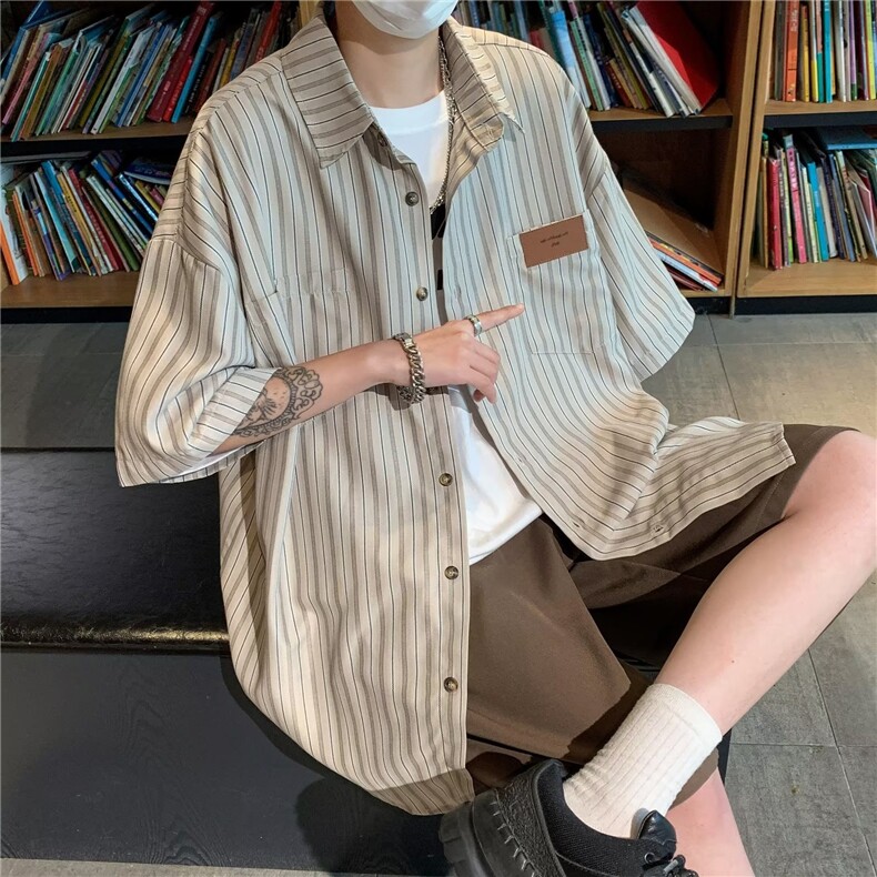 日系五分袖春夏季新款衬衫潮流慵懒男方领宽松型衬衫C353P28,男装衬衫,星座1116-2