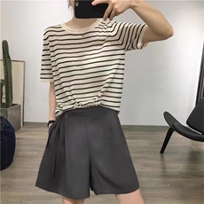 条纹冰丝针织衫短袖女2025夏季宽松圆领学生薄款正肩打底T恤上衣，女装T恤，鑫之绒