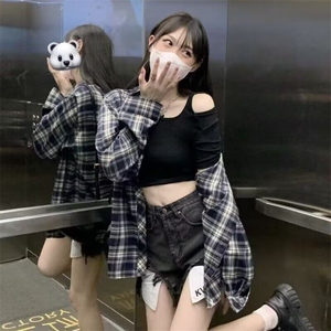 潮撞色格子衬衫男女款春秋季2025新款宽松休闲长袖百搭衬衣复古图片