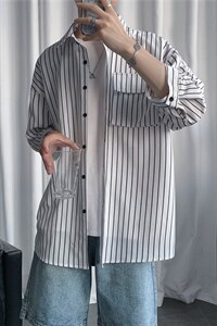 C2037/P35夏季条纹工装短袖衬衣男士宽松衬衫五分袖潮大码上衣男,男装衬衫,电商A141