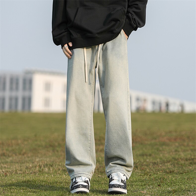 港风做旧高街直筒牛仔裤男士宽松休闲韩版潮流休闲阔腿长裤子P50，男装牛仔裤，星座205-1