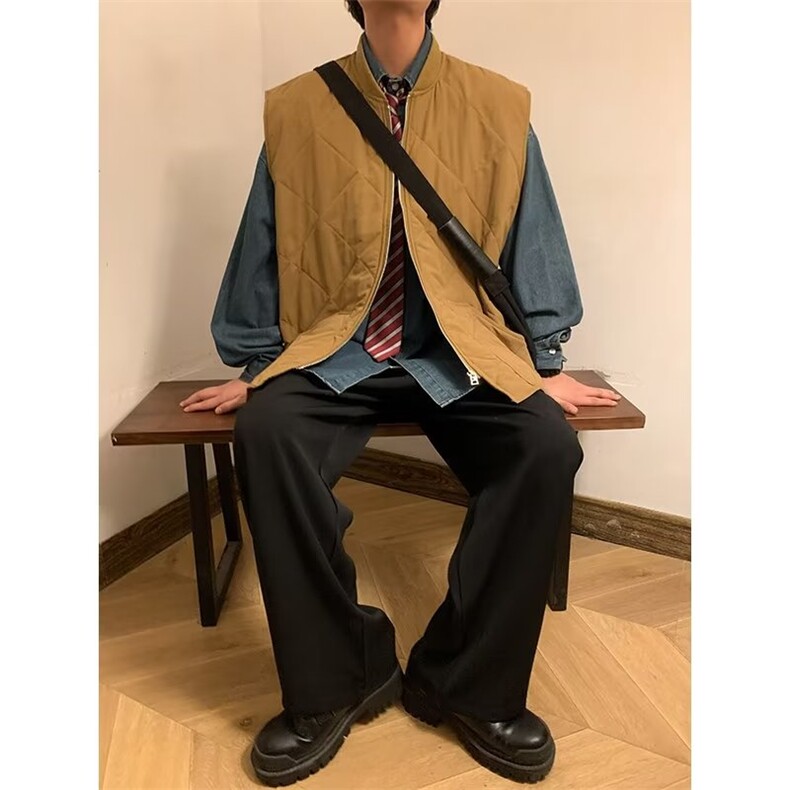 羽绒棉马甲男女加厚宽松日系复古棒球领菱形格棉衣保暖背心~MY905,男装背心/马甲,星座601-2