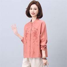 棉麻衬衫女2025新款春秋宽松大码中老年休闲亚麻刺绣上衣，女装衬衫，忆绮罗