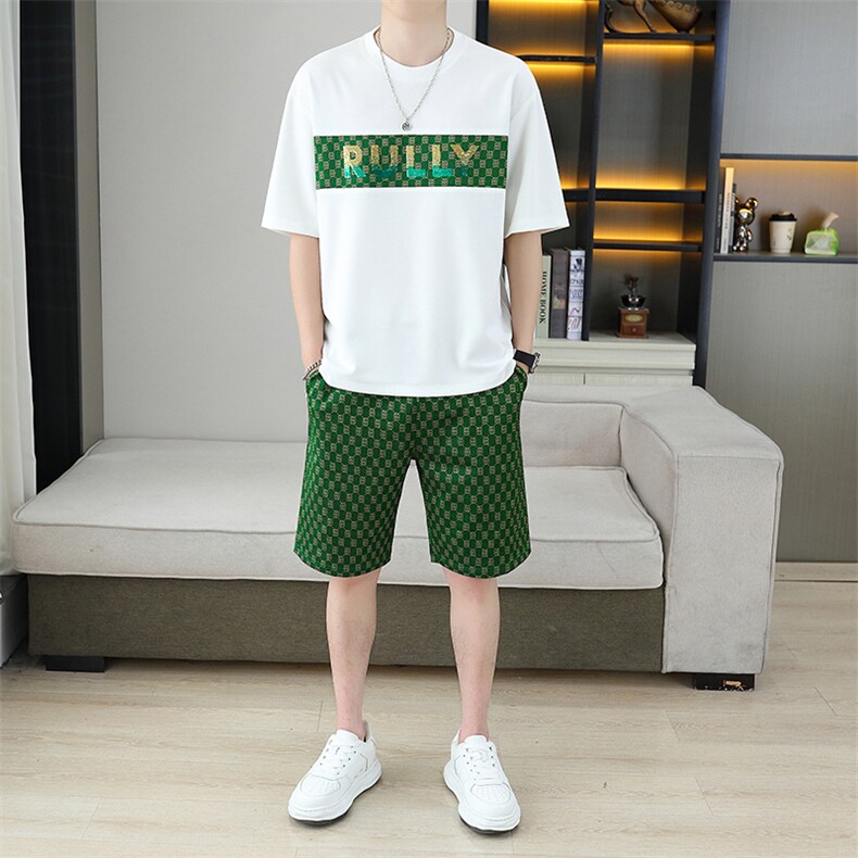 新款短袖t恤套装男夏季薄款休闲运动服潮牌印花华夫格短裤两件套，男装休闲套装，星座1801
