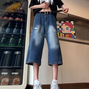 破洞牛仔短裤男美式高街裤子夏季薄款宽松直筒微喇阔腿七分裤马裤图片
