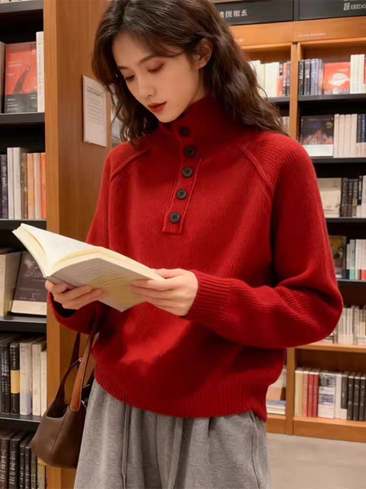 2025年秋季时尚百搭通勤简约休闲半系扣针织衫，女装针织衫/毛衣，思途羊绒