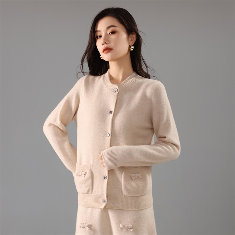 女士秋季新款时尚修身显瘦蝴蝶结针织套装裙,女装套装/套裙,奢优羊绒