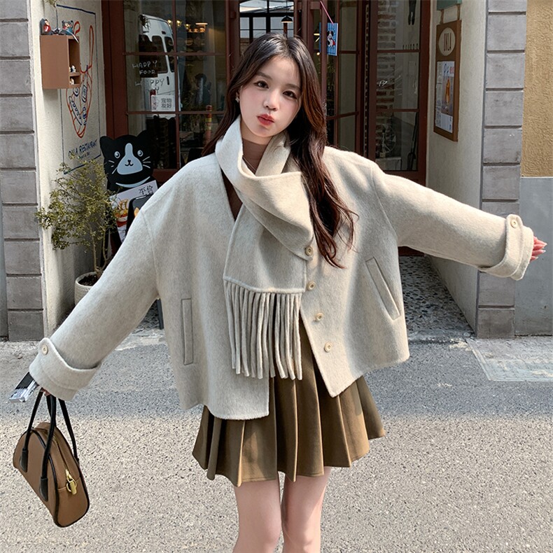 韩版保暖围脖双面羊绒呢子大衣女2025秋冬季新款显瘦短款毛呢外套,女装双面呢大衣,蝶眷