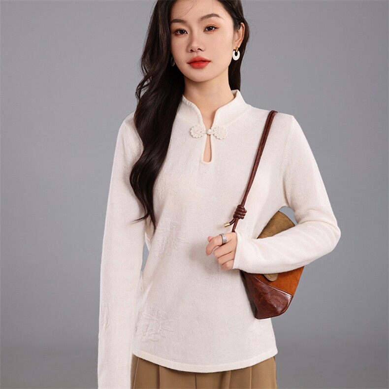 女士秋季新款修身显瘦中式盘扣梅竹花针织衫,针织衫/毛衣,奢优羊绒