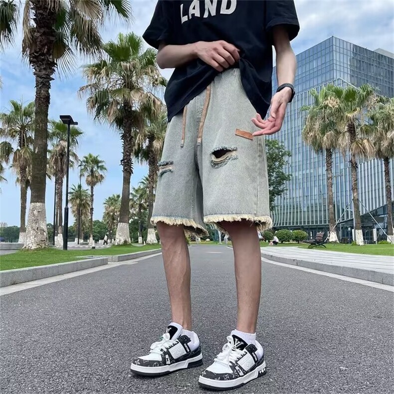 水洗破洞牛仔短裤男夏季潮牌美式痞帅毛边炸街短D912-P32,男装牛仔裤,星座1001-1