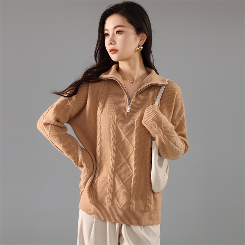 秋冬新款半开拉链翻领针织衫女时尚百搭显瘦保暖毛衣,针织衫/毛衣,奢优羊绒