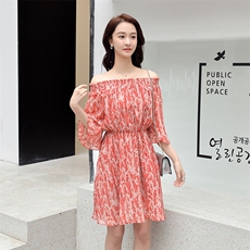 仙女裙chic小清新一字肩吊带雪纺连衣裙2021夏季新款，女装连衣裙，寒都衣屋