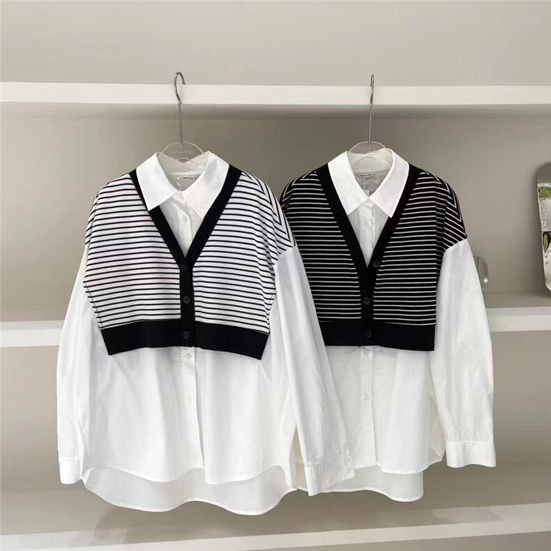 现货欧货春装新款条纹拼接衬衫，女装衬衫，AT(2F)