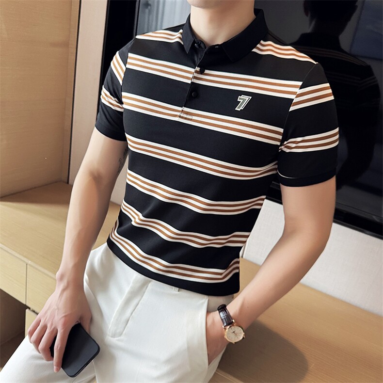 现货2025夏季条纹轻奢时尚字母工艺款短袖T恤翻领Polo衫T0273-P55,男装T恤,电商D342