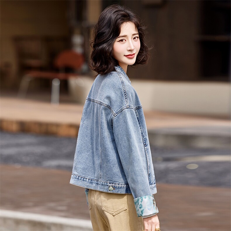 蓝色韩系休闲气质蕾丝拼接牛仔外套女2025早春新款小个子百搭夹克,女装短外套,靓衣阁