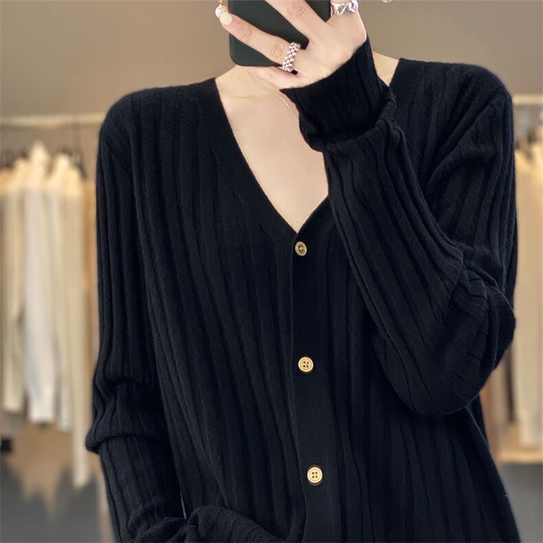 23秋冬新款羊毛衫女V领坑条显瘦外搭毛衣韩版百搭开衫，女装羊毛衫，秋虹羊绒