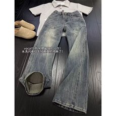 复古水洗竹节纹直筒牛仔裤男女宽松美式微喇叭阔腿裤WL91000-P45，男装牛仔裤，星座1008