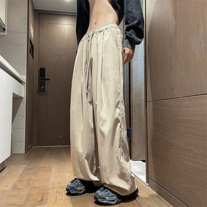 美式设计感褶皱工装休闲裤男夏季薄款长裤宽松直筒阔腿拖地裤图片