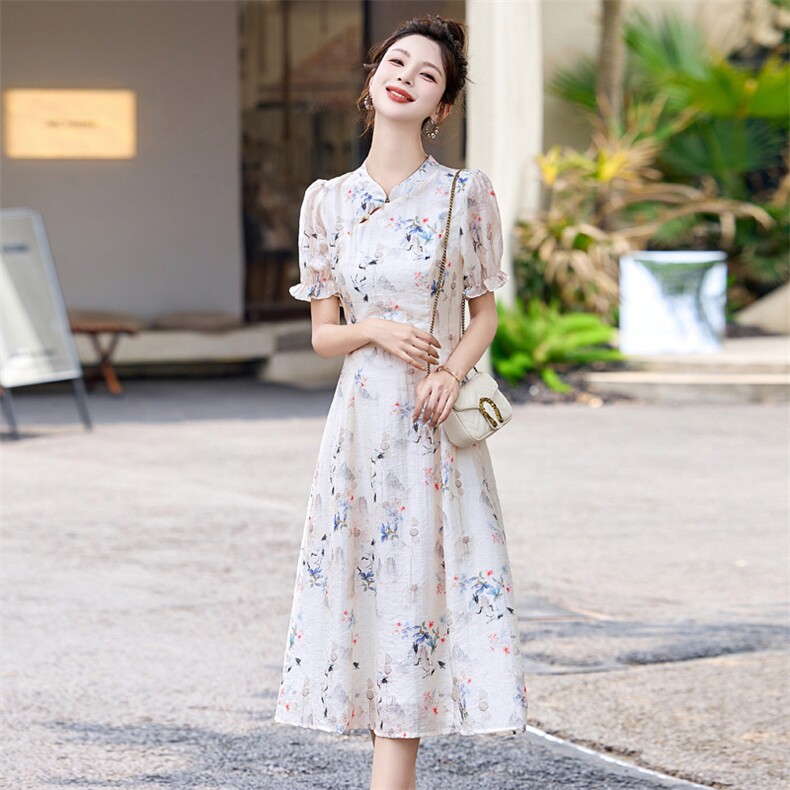 新中式印花改良旗袍连衣裙女2024夏季新款气质修身显瘦小清新裙子,女装连衣裙,乐吉娜