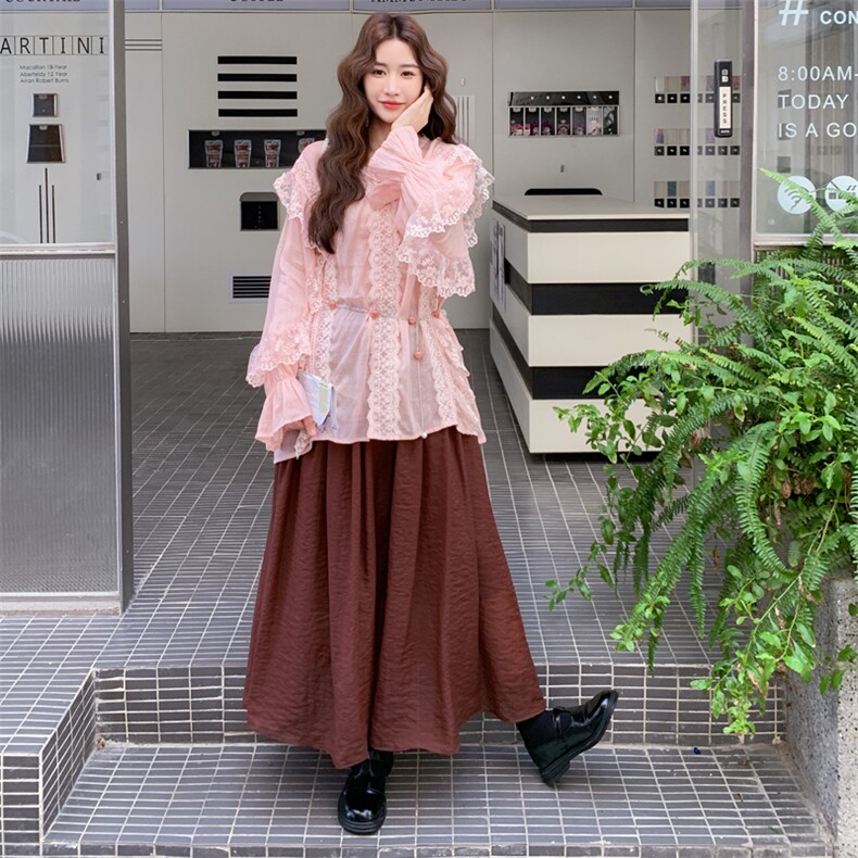 时尚气质蕾丝拼接长袖衬衫套装女2025秋新款高腰显瘦半身裙两件套图片