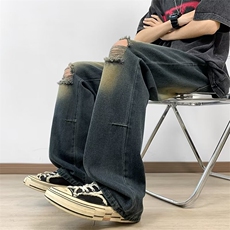 破洞牛仔裤男夏季薄款做旧水洗宽松直筒长裤子N6127，男装牛仔裤，星座1116A-1（原606A）