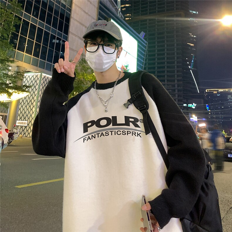 港风夜景宽松时尚撞色插肩袖字母印花圆领毛衣M81003特批55控88,男装针织衫/毛衣,电商A247