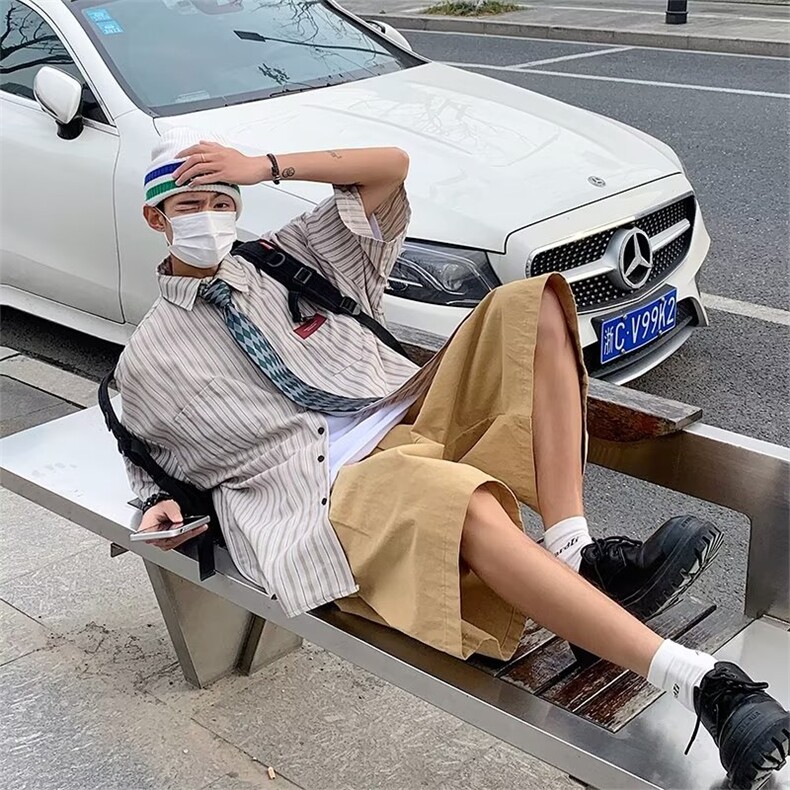 日系五分袖春夏季新款衬衫潮流慵懒男方领衬衫C8058P32,男装衬衫,星座1116-2