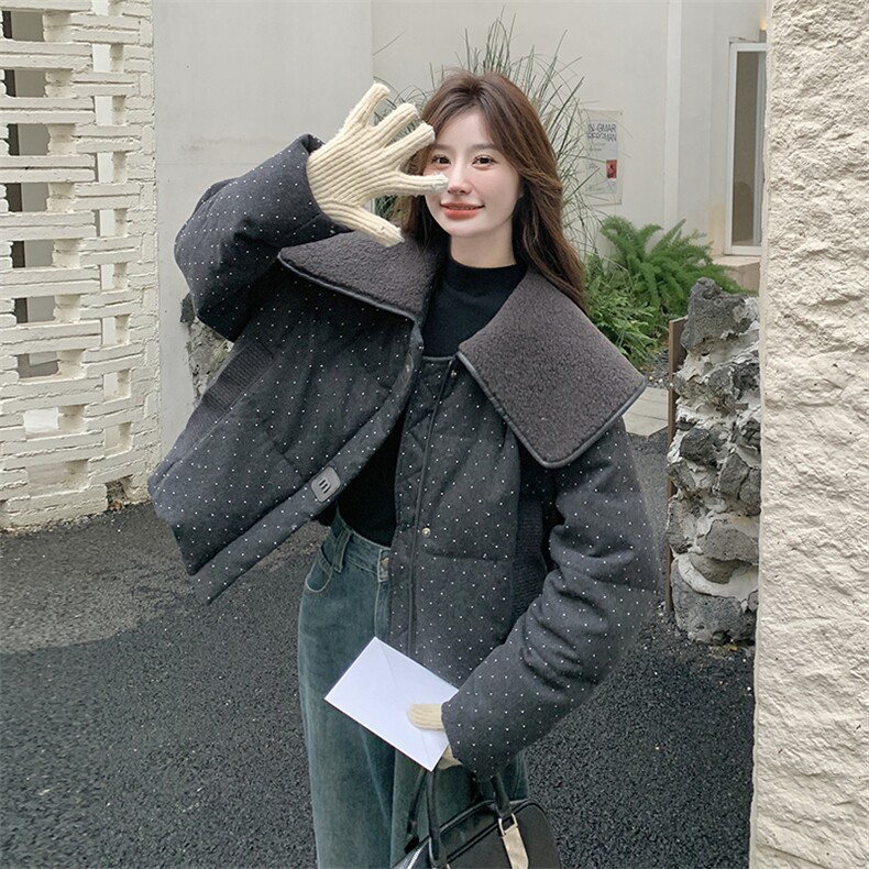 羊羔毛大翻领米白色羽绒服外套女冬季2025新款小个子学院风面包服,女装羽绒服,2C203