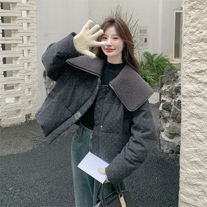 羊羔毛大翻领米白色羽绒服外套女冬季2025新款小个子学院风面包服图片