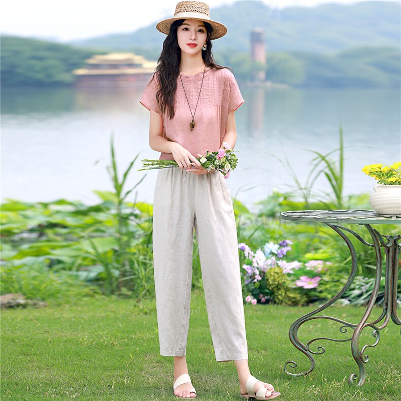 棉麻套装女2026夏季新款中年妈妈洋气减龄苎麻衬衫休闲两件套,女装套装/套裙,独衣靓