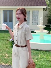 米杏色气质工装连衣裙女夏季韩系设计感超好看收腰时髦衬衫裙，女装连衣裙，2C126