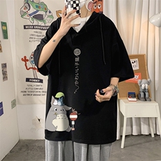 LD54152-P45连帽短袖t恤男大码胖子带帽五分袖中袖海报风，男装T恤，电商A040