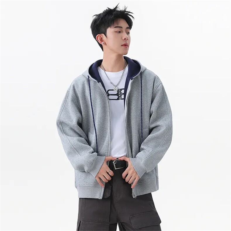 抖音得物二开美式高街重磅结构双层撞色连帽卫衣开衫外套W116，男装卫衣，电商A486