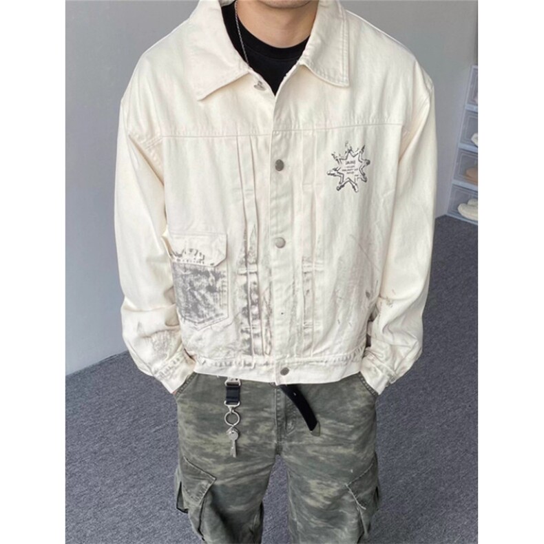 秋季做旧脏染复古翻领牛仔夹克印花宽松夹克外套男女JK8971,男装工装外套,星座1116A（原606A-3）