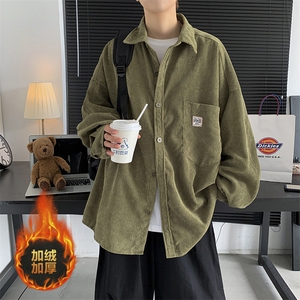 秋冬 日系复古灯芯绒加绒加厚长袖衬衫外套港风保暖潮男 H222/P65图片