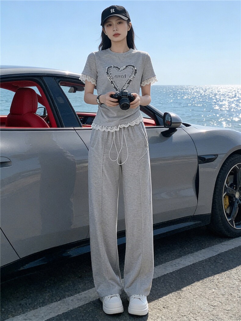 韩版时尚气质套装女夏新款圆领钉珠蕾丝花边上衣高腰阔腿裤两件套,女装套装/套裙,江南