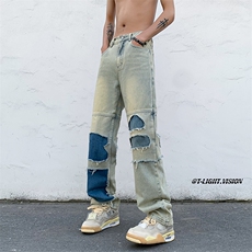 B221美式ins高街暗黑小众撞色破洞直筒牛仔裤LK23109-P65控88，男装牛仔裤，电商B221