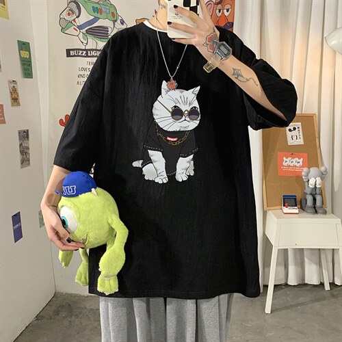 YT26044-P30 亚麻短袖t恤男大码五分袖男宽松七分袖 海报风图片