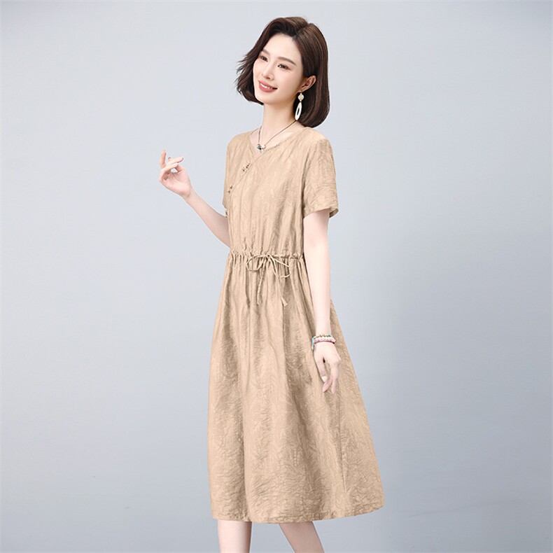 2025夏装新款新中式盘扣收腰显瘦短袖连衣裙，女装连衣裙，雪樱依海