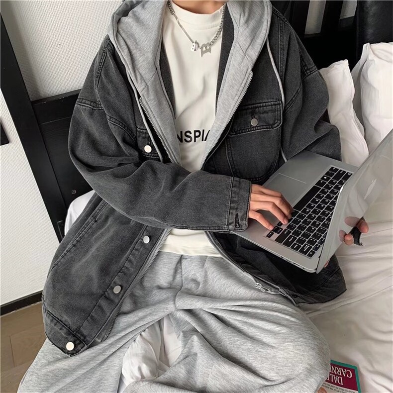 假两件连帽外套男秋冬复古水洗牛仔夹克ins宽松工装衣服S3309-p70图片